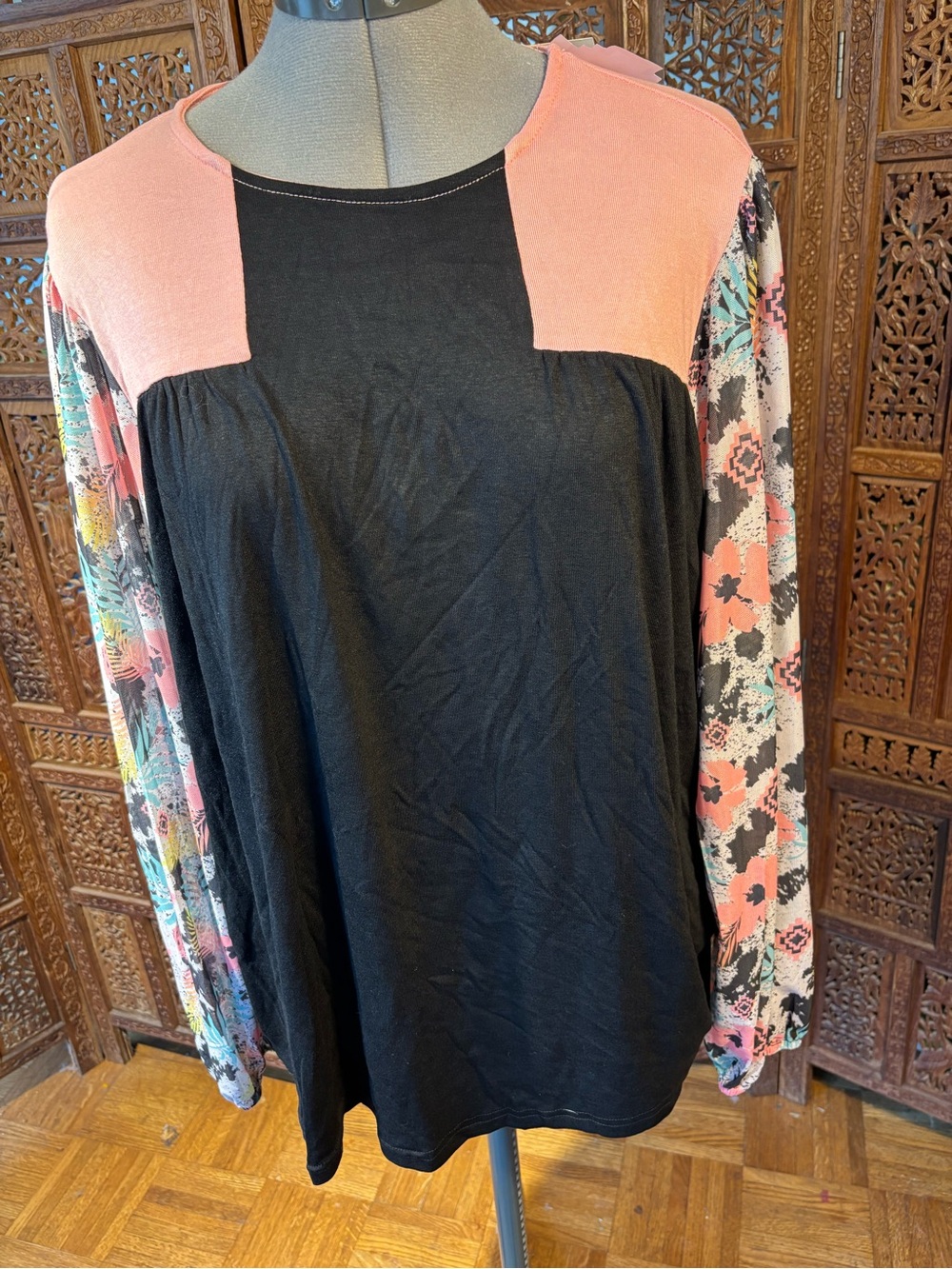 Two 2 Fly Black Long-Sleeve Top with Coral Yoke and Floral Print Sleeves